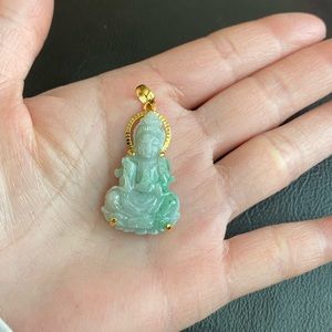14K Solid Gold Guan Kwan Yin Small Buddha Natural Jadeite Grade A Jade Pendant